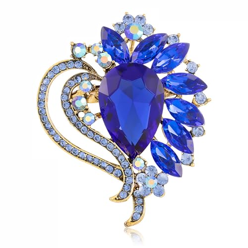 LAXPICOL Vintage Austrian Crystal Elegant Heart Flower Brooch Pin For Women Wedding Broach Pin - color: blue