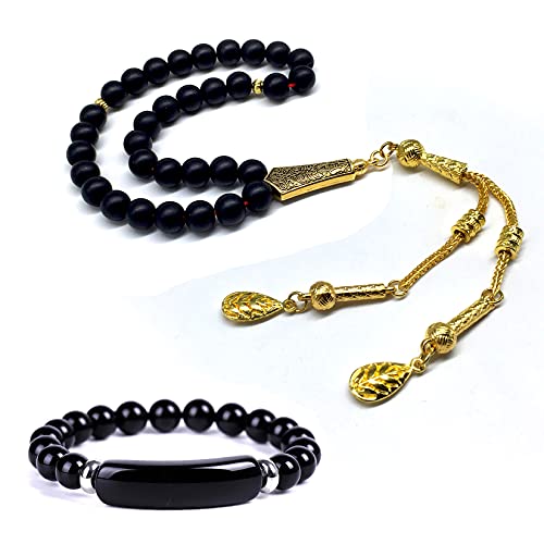 Black Agate Stone Prayer Beads and Bracelet - Worry Beads - Tesbih - Tasbih - Tasbeeh - Misbaha - Masbaha - Subha - Sebha - Rosary (Black Agate Stone/Gold Tassel) - color: Black Agate Stone Prayer Beads and Bracelet