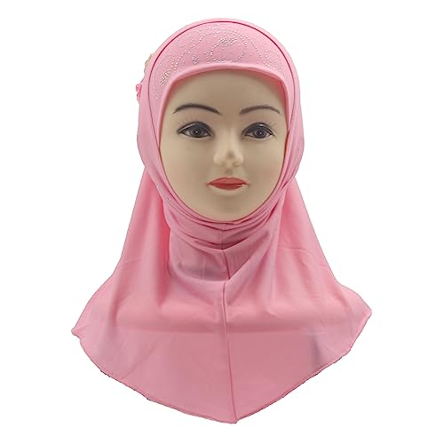 Instant Hijab for Kids Girls Hijabs Muslim Islamic Head Scarf with Rhinestone and Flowers - color: Pink