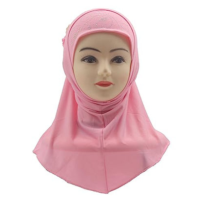 Instant Hijab for Kids Girls Hijabs Muslim Islamic Head Scarf with Rhinestone and Flowers - color: Pink
