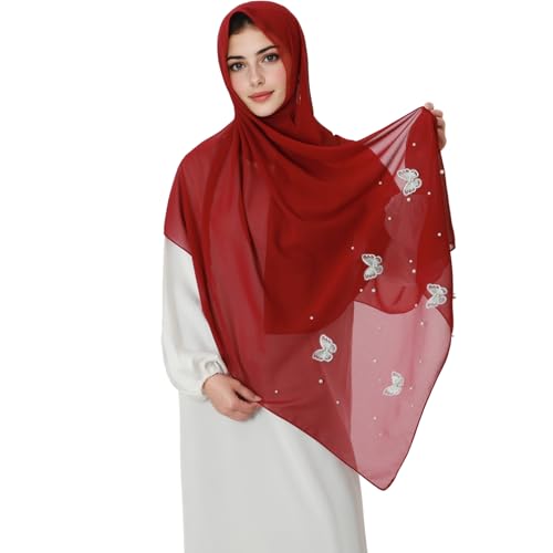 Muslim Prayer Hijab for Women Lightweight Pearl Chiffon Scarfs 3-D Butterfly Embroidery with Glitters Beads Islamic Hijab - color: Wine Red