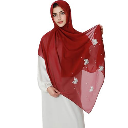 Muslim Prayer Hijab for Women Lightweight Pearl Chiffon Scarfs 3-D Butterfly Embroidery with Glitters Beads Islamic Hijab - color: Wine Red