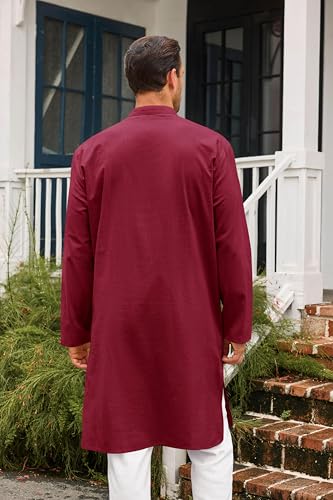 Runcati Mens Kaftan Thobe Button Down Casual Henley Shirts Long Sleeve Robe Cotton Linen Muslim Gown Shirt - color: Burgundy, size: Large