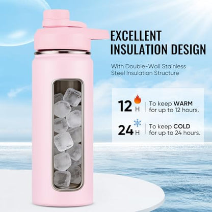 Fijinhom Insulated Water Bottle with Handle, 304 Stainless Steel Water Bottles with Wide Mouth, Double Wall Vacuum Sports Water Bottle, BPA Free, Keep Cold and Hot, 18 Ounces, Pink - color: Pink, size: 18 Ounces