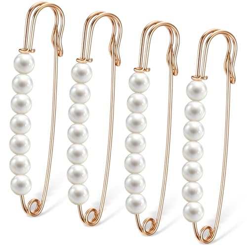 Ymapinc Gold Pearl Brooch Pins for Women, 4Pcs Large Safety Pins Decor for Clothing Hijab Sweater Shirt Skirts Dresses Pants Sleeves Hats Collars Scarves Bags Fashion Wedding - color: Gold