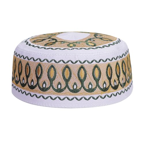 RUIXIA Men Boys Muslim Prayer Kufi Hat Skull Cap Embroidery Islam Kufi Headware takke Praying Beanie Hat Kofia Topi Hat - color: Yellow/White--kids 7-10yrs