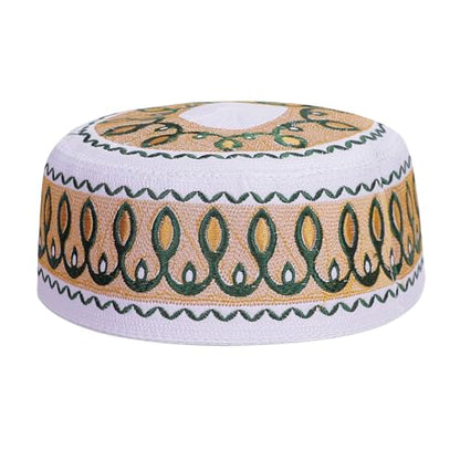 RUIXIA Men Boys Muslim Prayer Kufi Hat Skull Cap Embroidery Islam Kufi Headware takke Praying Beanie Hat Kofia Topi Hat - color: Yellow/White--kids 7-10yrs