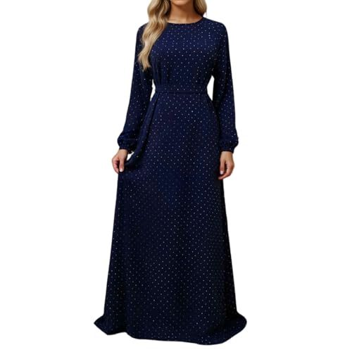 Muslim Dresses for Women Maxi Dress with Belt Long Sleeve Crew Neck Dress Long Casual Church Dress Prayer Clothes - color: Navy, size: Medium