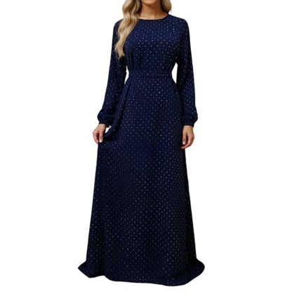 Muslim Dresses for Women Maxi Dress with Belt Long Sleeve Crew Neck Dress Long Casual Church Dress Prayer Clothes - color: Navy, size: XX-Large