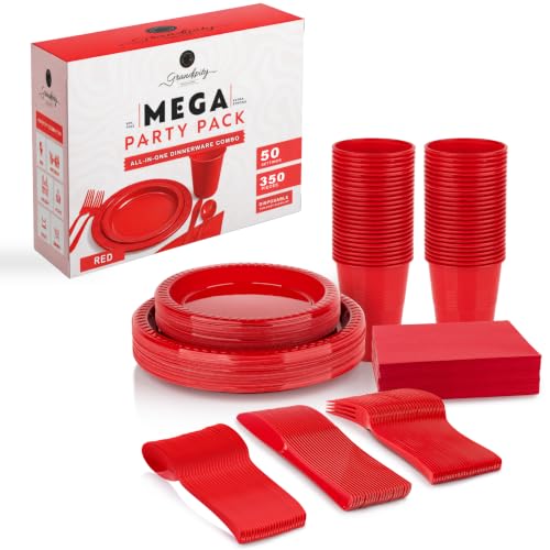 Grandipity Disposable Plastic Dinnerware Sets for Parties (350 pcs) - color: Red, size: 50 Guests (350 PCS)
