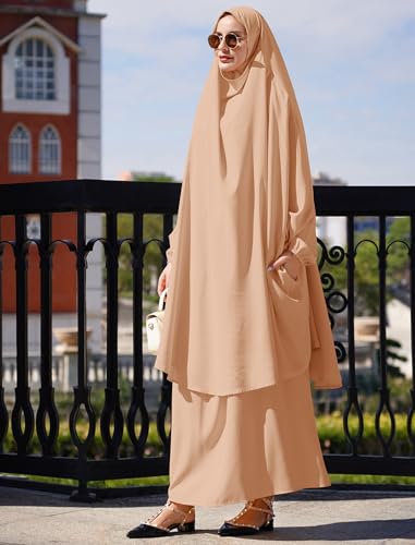 Abayas for Women Muslim Chiffon Prayer Burqa Dress Burkas for Women Muslim Hijab Dress Full Length Islamic Veil Abaya Set - color: Khaki-loose