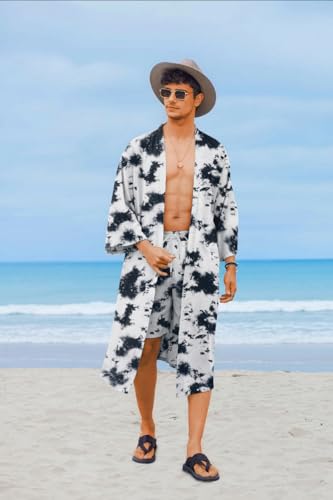 COOFANDY Men Lightweight 2 Piece Kimono Robe with Shorts Japanese Robes Casual Open Front Long Cardigan With Belt - color: White(tie Dye), size: Large