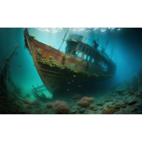 Underwater Shipwreck Aquarium Background Ocean Bottom Abandoned Ship Wreck Fish Tank Background Undersea Rusty Sunken Ship Terrarium Backgrounds Sunken Pirate Ship Reptile Tank Backgrounds 24x16in - color: Blue_Green, size: 24(W)x16(H)in