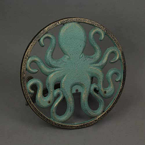 Zeckos Octopus Garden Hose Holder, 12 Inch Verdigris Cast Iron Wall Mount | Holds About 75-100 Ft of 5/8 Inch Hose, Three-Point Mounting, Bolts and Anchors Included - color: Octopus - Green
