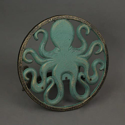 Zeckos Octopus Garden Hose Holder, 12 Inch Verdigris Cast Iron Wall Mount | Holds About 75-100 Ft of 5/8 Inch Hose, Three-Point Mounting, Bolts and Anchors Included - color: Octopus - Green