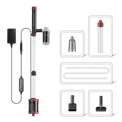 AKKEE Aquarium Vacuum Gravel Cleaner, 36W Electric Fish Tank Cleaner Vacuum, 8 in 1 Multifunctional Aquarium Cleaner for Automatic Water Change, Wash Sand, Water Circulation and Timed Off - color: Red