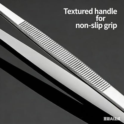 12Inch BBQ Long Forceps Tweezers, Serrated Flat Tips Science Surgical Tongs Jewelers Needle Metal Sewing Sharp Kitchen Cooking Tweezers With Teeth Knurled Handles - color: 2 Parks12in Bbq Tongs W/Hook