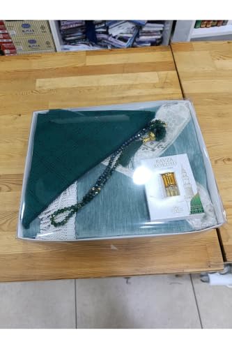 SODEF Chenille Prayer Rug Set with Headscarf and Tesbih Beads - Refined Design for Hajj Umrah Weddings Mevlid Gifts - Green Cotton - 43.3 x 27.6 in - Green, 43x28 inch