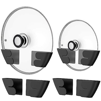 Niceyos Universal Adjustable Pot Lid Organizer for Cabinet - Upgraded Patented Set of 4 Pan Lids Organizers Inside Cabinet Door Wall Mount Pots Top Holder for Kitchen Cupboard, Fits 6" to 14" (Black)