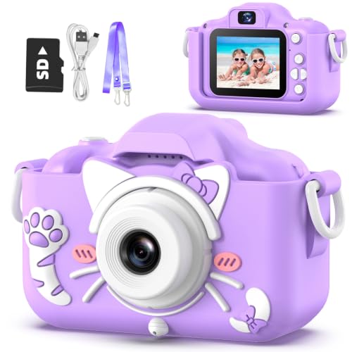 Goopow Kids Camera Toys for 3-8 Year Old Girls Boys,Children Digital Video Camcorder Camera with Cartoon Soft Cover, Best Chritmas Birthday Festival Gift for Kids - color: Purple-Cat