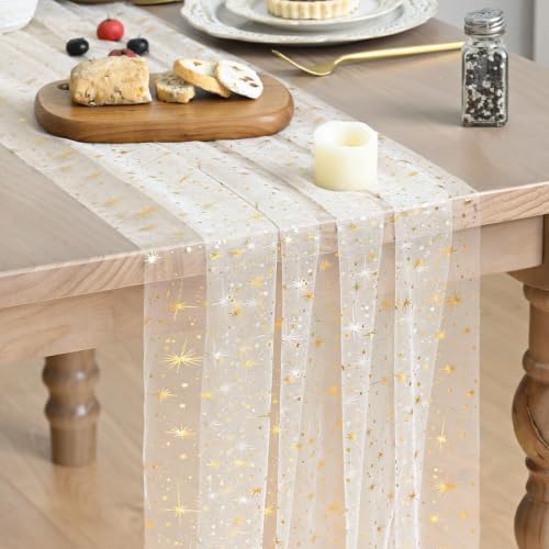 Artoid Mode Gold Stars Beige Gauze Table Runner 120 Inch 10FT, Reversible Glitter Sheer Dining Wedding Holiday Birthday Table Decor for Home Party - color: Beige Gold, size: 28" x 120"