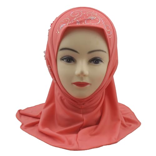 Instant Hijab for Kids Girls Hijabs Muslim Islamic Head Scarf with Rhinestone and Flowers - color: Watermelon
