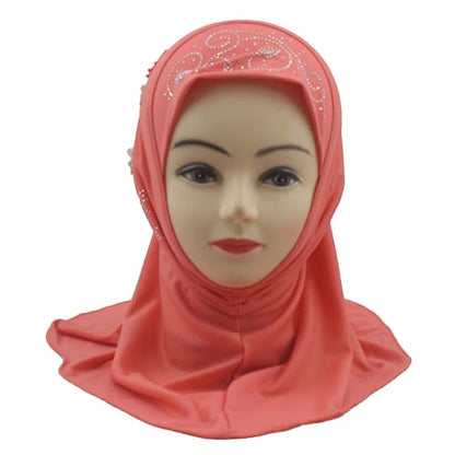 Instant Hijab for Kids Girls Hijabs Muslim Islamic Head Scarf with Rhinestone and Flowers - color: Watermelon