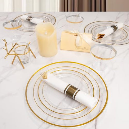 175PCS Clear Gold Plastic Dinnerware Set for 25 Guests, Fancy Disposable Plates for Party, Include: 25 Dinner Plates, 25 Dessert Plates, 25 Pre Rolled Napkins with Gold Silverware, 25 Cups - color: Clear and Gold