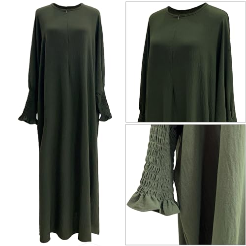 khalat Womens Muslim Prayer Dress Front Zipper Kaftan Islamic Robe Modest Solid Abayas for Women Muslim - color: Army Green