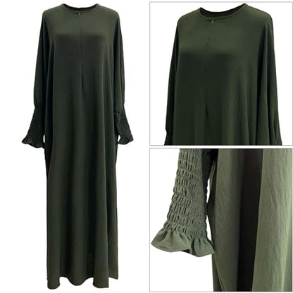khalat Womens Muslim Prayer Dress Front Zipper Kaftan Islamic Robe Modest Solid Abayas for Women Muslim - color: Army Green