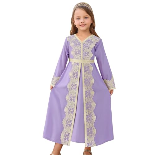 FYMNSI Kids Girls Muslim Abaya Dress Modest Lace Belted Prayer Dress Islamic Maxi Robe Kaftan Ramadan Arabian Dubai Clothes - color: Purple, size: 6-7 Years