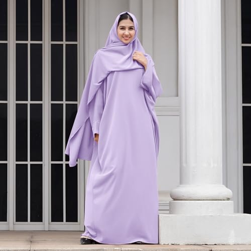 IDOPIP Abayas for Women Muslim Dress with Hijab, One-Piece Long Sleeve Islamic Prayer Dress with Khimar Jilbab Kaftan Clothes - color: Light Purple + Hijab