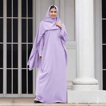 IDOPIP Abayas for Women Muslim Dress with Hijab, One-Piece Long Sleeve Islamic Prayer Dress with Khimar Jilbab Kaftan Clothes - color: Light Purple + Hijab