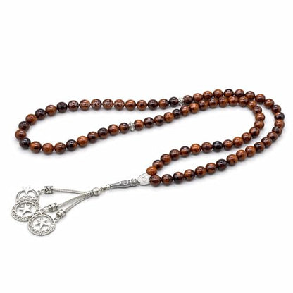 Amazing Gemstone Mahogany Obsidian Tasbeeh with Moon and Star Charm - Certified Crystal Muslim Prayer Beads Natural Gemstone Tasbih Gift for Ramadan Dhikr and Daily Namaz (S) - color: Mahogany Obsidian