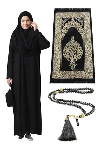 ihvan online Muslim Dresses for Women, One-Piece Prayer Dress & Prayer Rug & Beads, Islamic Gift Set for Eid Ramadan - color: Black, size: XS-XXL