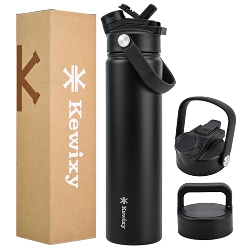24 oz Insulated Water Bottle, 2-in-1 Lid, Straw & Spout with Protected, Leak Proof, Keep Cold 24H, Cup Holder Fit, Stainless Steel, Metal, Reusable, for Travel, Gym and School, 2 Lids, Midnight Black - color: Midnight Black, size: 24 Ounces