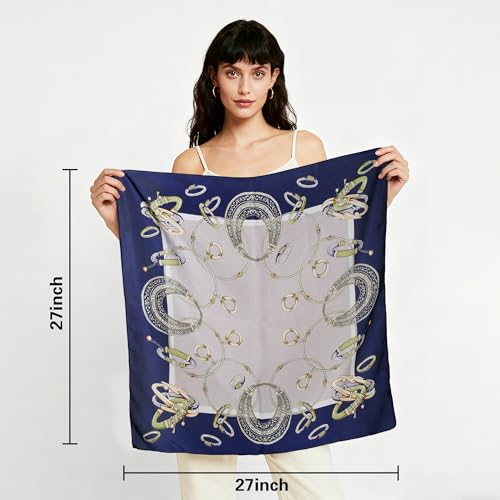 27" Head Scarf Like Satin Silk for Women,Hair Scarves Bandana,Headband Silk Feeling for Hair Wrap - color: Dark Blue and White Gold