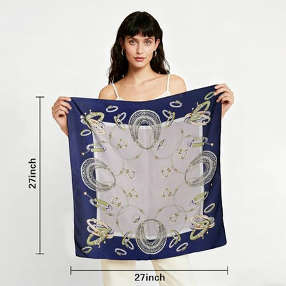27" Head Scarf Like Satin Silk for Women,Hair Scarves Bandana,Headband Silk Feeling for Hair Wrap - color: Dark Blue and White Gold