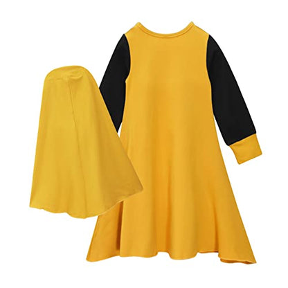 IBTOM CASTLE Abaya for Girl Kids Hijab Scarf Muslim Dress Two-piece Ramadan Prayer Clothes Islamic Arabic Kaftan Khimar Robe - color: Yellow, size: 11-12 Years
