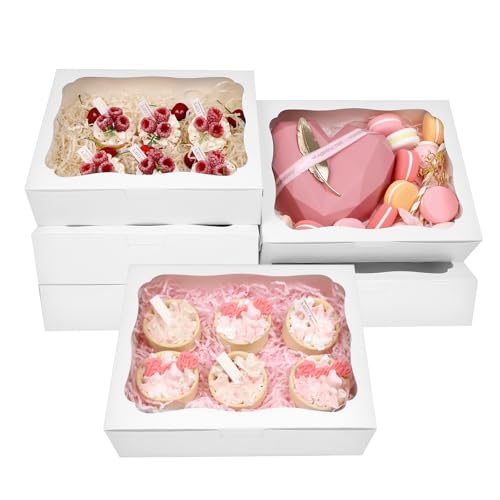 12pcs10x8x2.5 Inch White Bakery Boxes Treat Boxes with Window for Pastry, Cookie, Desserts, Chocolate Strawberries, Pies, Donuts, Muffins,Cupcake