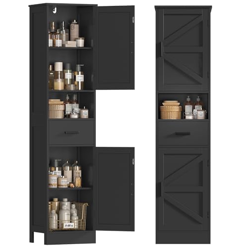 Tall Bathroom Storage Cabinet with Barn Doors, Narrow Bathroom Cabinet with Drawer, Narrow Storage Unit, Adjustable Shelves, Floor Cabinets for Living Room, Entryway, Kitchen, Black - color: Black