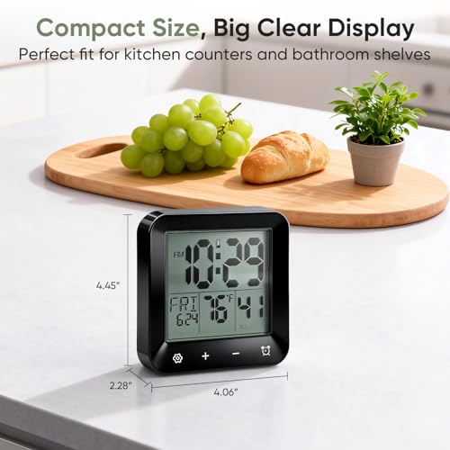 Digital Waterproof Shower Clock, Bathroom Kitchen Clock with Countdown Timer, Wall Clock with Large LCD Display, Temperature, Touch Button, Suction, Hanging Hole, Battery Operated I Black - color: Black