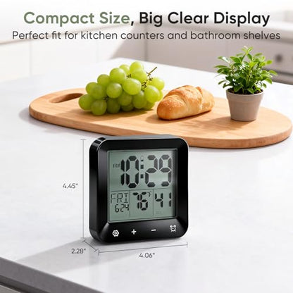 Digital Waterproof Shower Clock, Bathroom Kitchen Clock with Countdown Timer, Wall Clock with Large LCD Display, Temperature, Touch Button, Suction, Hanging Hole, Battery Operated I Black - color: Black