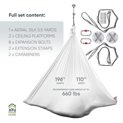 AyuHome Aerial Silks Kit for Home - Premium Yoga Swing for Adults with 660 lbs Capacity - Versatile Aerial Yoga Hammock for Gymnastics Training - color: Aerial silk - White - New