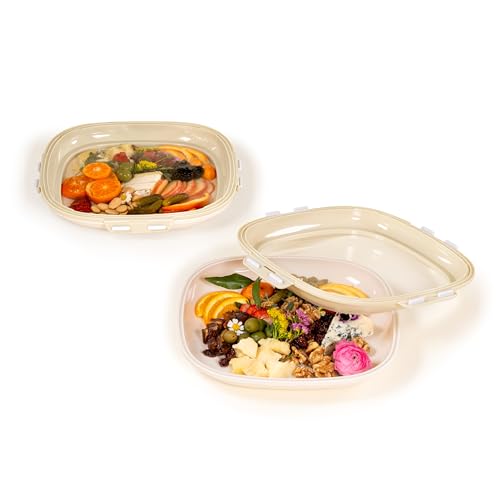 Crudités | Portable Snack Tray | Square 2-Pack | Cream White | Reversible Stretch Lid Food Containers | BPA-Free, Freezer & Dishwasher Safe | Meal-Prep, Charcuterie, Salads, Picnic, Travel - size: Square, 2 Pack