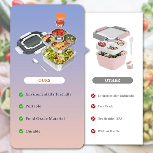 Salad Container for Lunch: 64oz Salad Bowl with Included Spork, 4-Section Bento Tray & Sauce Pot - color: White