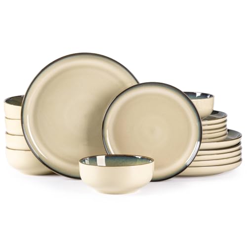GBHOME Dinnerware Sets for 6, 18 Pieces Ceramic Plates and Bowls Set - color: Pale Khaki, size: Service for 6(18Pcs)