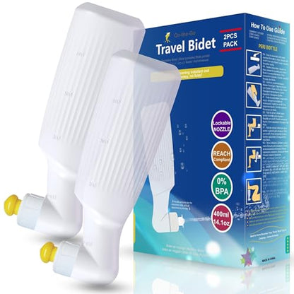 2-Pack Travel Bidet, 400ml/14.1oz Portable Handheld Bottle, White, with Lockable Nozzle and Flip-Top Cap