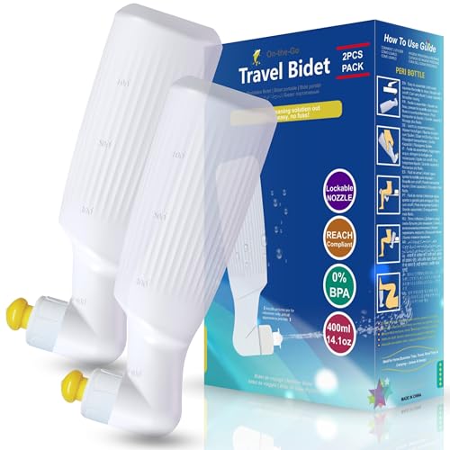 2-Pack Travel Bidet, 400ml/14.1oz Portable Handheld Bottle, White, with Lockable Nozzle and Flip-Top Cap