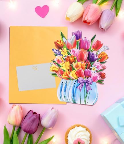 4 Pack 3D Pop Up Flower Bouquet Cards – Rose, Tulip, Lily, Mother’s Day Designs, Colorful Stand-Up Floral Centerpieces for Birthday, Anniversary, Thank You, Get Well, Includes Envelopes & Blank Notes - style: Floral Flour